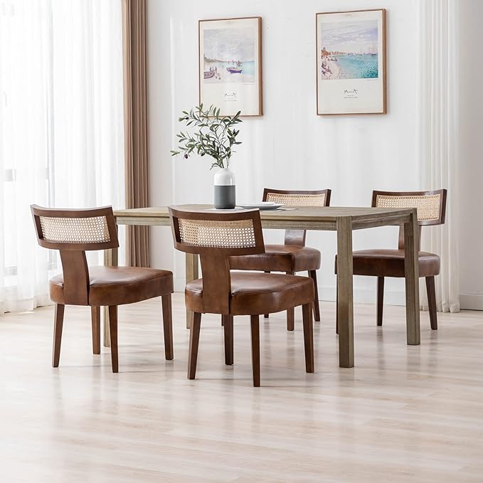 Mid Century Modern Dining Chairs Set of 6 Rattan Kitchen Chairs PU Leather Upholstered Side Chairs, Modern Kitchen Armless Solid Wood Dining Chairs, Brown