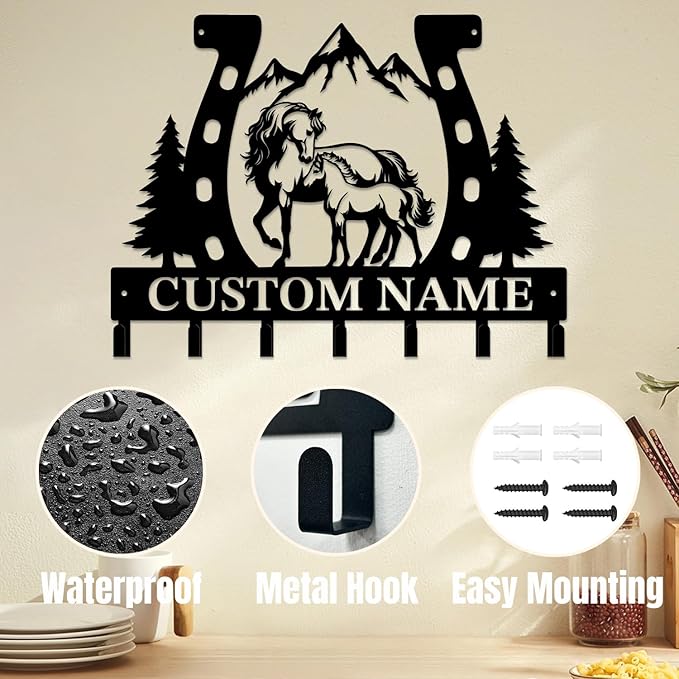 Personalized Custom Name Farm Horse Wall Key Hooks,Metal Horse Art Clothes Hooks,Metal Horse Wall Home Storage Decorative,For Front Door, Hallway, Kitchen, Bedroom,Keys,Hats (Style D)