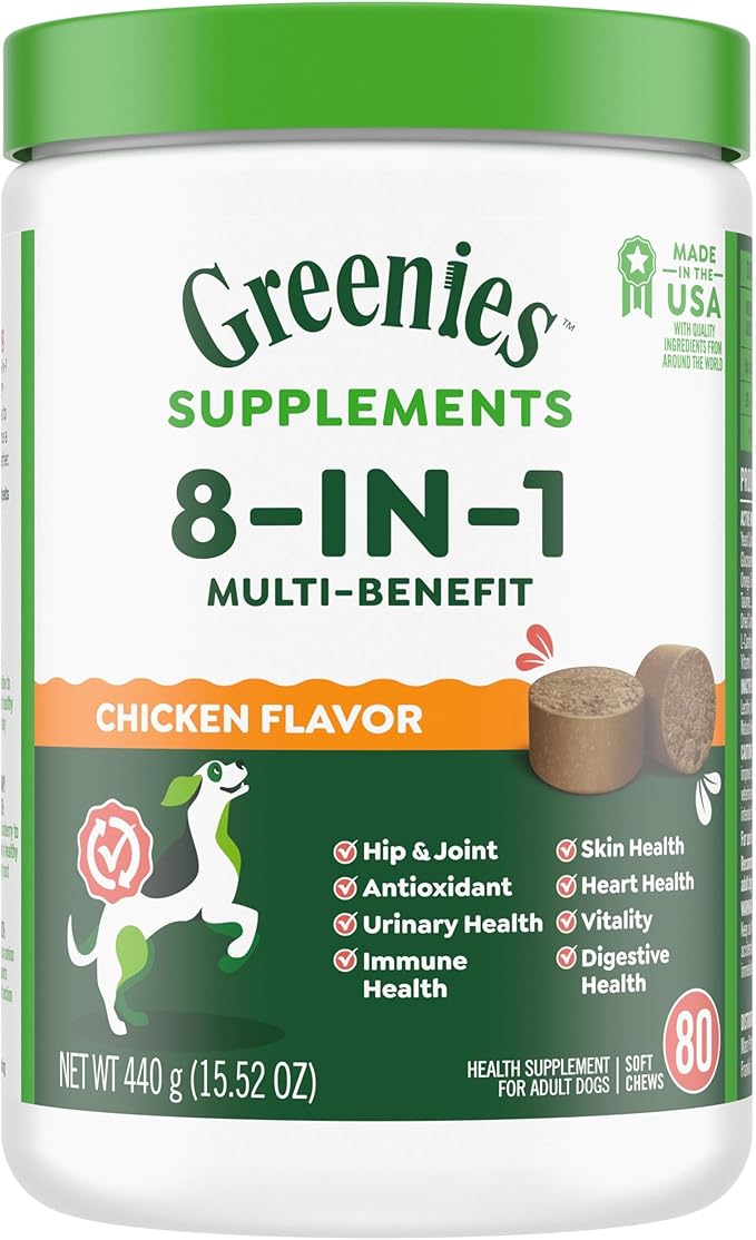 Greenies Dog Supplements 8-in-1 Multi-Benefit Chicken Flavor, 15.5 oz. Container, 80 Count