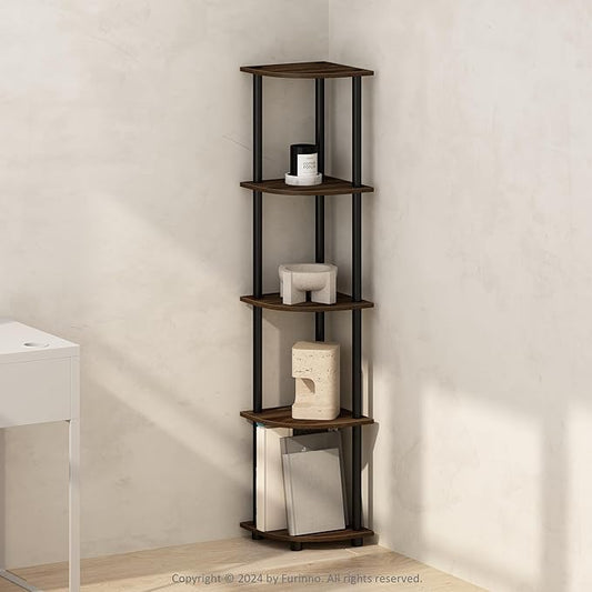 Furinno Turn-N-Tube Storage Shelves, 5-Tier Book Shelf, Corner Shelf, Toolless Open Shelves, for Organization and Storage, Living Room, Home Office, Hallway, Bedroom, Columbia Walnut