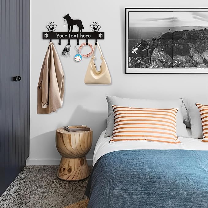 Custom Metal Key Rack Wall Mount with Name, Key Hooks and Dog Leash Holder for Entryway Doorway