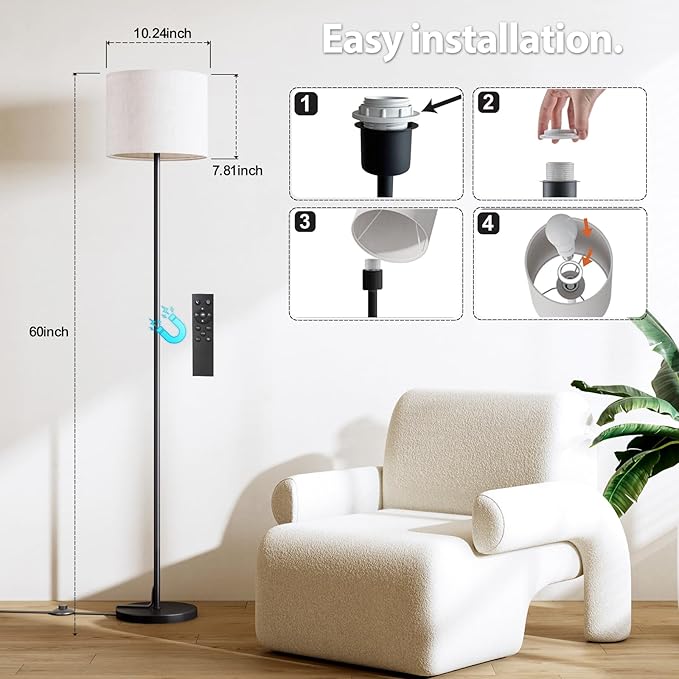 Keepsmile Dimmable Floor Lamps for LivingRoom with 12W LED Bulb, Foot Switch, Remote Custom Color Temperature Floor Light, Linen Shade Standing Lamps, Modern Tall Lamp for Office Bedroom Kid Room