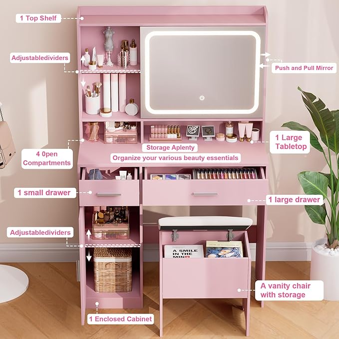 Vanity Desk with Sliding Mirror & Power Outlets - Dimmable LED Lighting, 4 Open Shelves, 2 Drawers, 1Storage Cabinet & Padded Stool - Ideal Bedroom Makeup Dressing Table （Pink）