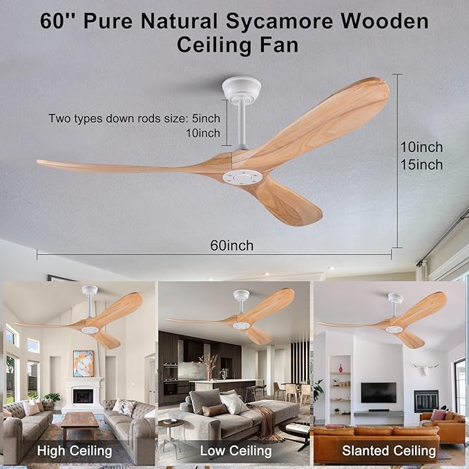 60 Inch Wood Ceiling Fan Without Light, Reversible DC Motor,3 Blades Modern Ceiling Fan no Light with Remote Control for Outdoor Indoor Living Room Farmhouse Patios