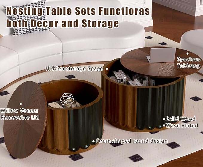Modern Round Storage Side Tables Set, Dark Walnut and Black Finish, Fluted Wood Design, Hidden Storage, Nesting Coffee Tables for Living Room
