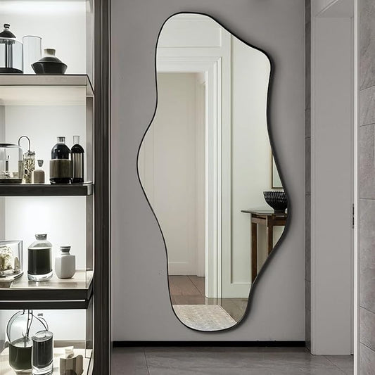 Irregular Mirror Full Length, 63"x29" Large Asymmetrical Wall Mirror for Dressing, Modern Black Metal Frame Abstract Wall Mirrors for Living Room Bathroom Bedroom Hallway Entryway