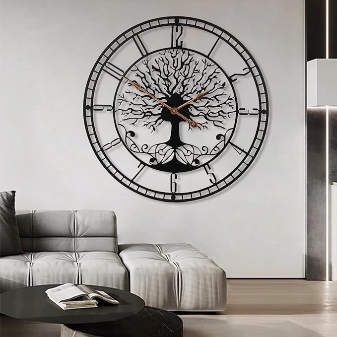 Tree of Life Wall Clock, 24inch Black Metal Wall Clock, Silent Quartz Movement, Modern Home Decor