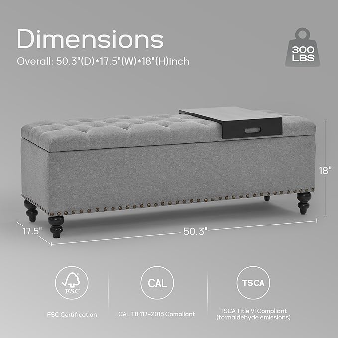 HUIMO 51-inch Storage Bench Ottoman with Removable Tray, Cotton Linen Blend Fabric, Button Tufted, Safety Hinge, 300lb Weight Capacity, Gray