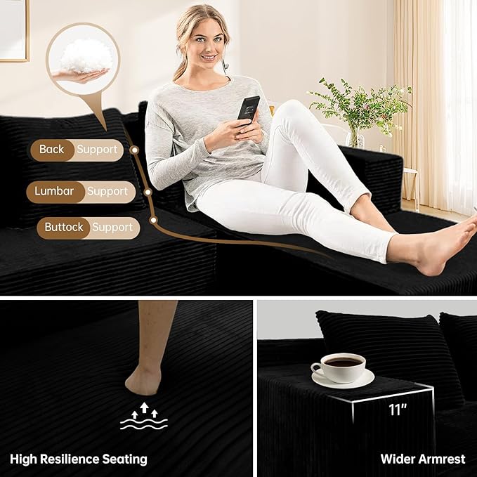 ANONER 103" Sectional Cloud Couch with L-Shape Chaise, Modular Sofa with Deep Seat, Free Combination Cloud Couches for Modern Minimalist Living Room Apartment, No Assembly Required, Black