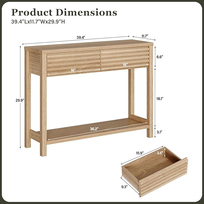 EAG 40" Fluted Console Table with 2 Drawers, Modern Wood 2 Tier Entryway Table with Storage Shelf, Narrow Sofa Tables Behind Couch for Entrance Foyer, Hallway, Living Room, Natural