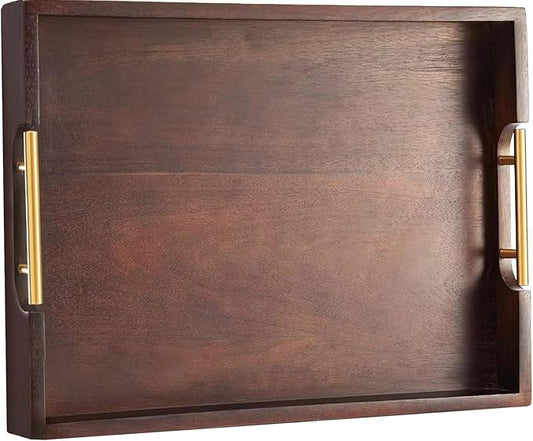 Joy&Grace Ottoman Tray for Living Room 16.7 x 12.8 inch Large Acacia Wooden Serving Tray with Handles for Coffee Table, Breakfast in Bed, Food Dinner, Decorative Rectangular Tray (Color Brown)