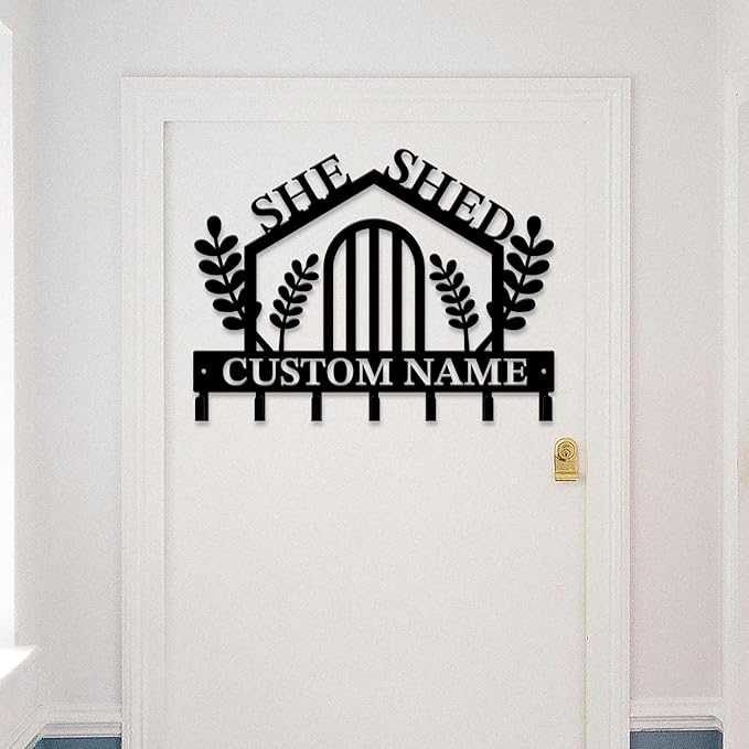 Personalized She Shed Keys Hooks,Custom Name Metal She Shed Art Keys Hooks,Metal She Shed Lover Wall Home Storage Decorative Keys Hooks,Key Holder Hooks for Wall (Style B)