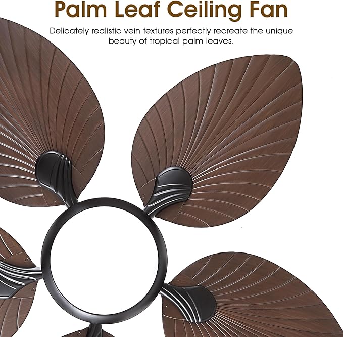 Tropical Ceiling Fans with Lights and Remote/APP Control, 44 Inch Palm Leaf Ceiling Fan with LED Lights, Outdoor Ceiling Fans for Patios Porch, Reversible Quiet Motor, Dimmable, Dark Brown