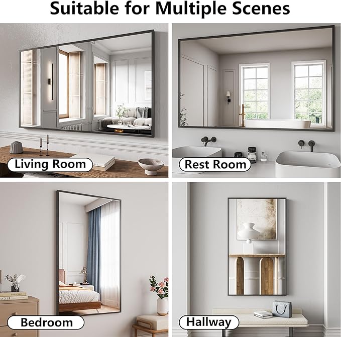 Bathroom Mirror 30"x50" Matte Black Rectangle Bathroom Wall Mirror for Over Sink, Modern Large Vanity Mirror, HD Tempered Glass, Anti-Rust Aluminum Alloy Frame, for Living Room, Bedroom, Entryway
