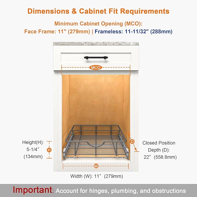 ALINE FURNITURE Pull Out Shelves - 11" W x 22" D Soft Close Pull Out Cabinet Organizer 1 Tier - Slide Out Drawers with Shelf Liner, Heavy Duty Steel Wire Baskets for Kitchen Cabinets, Pantry, Bathroom