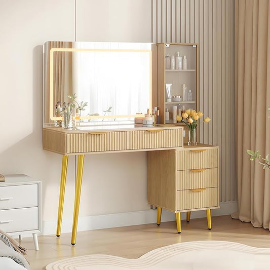 Makeup Vanity Desk with Mirror and Lights, 48" Fluted Makeup Table with Glass Top, Vanity Desk with 5 Drawers, Open Shelf & Power Outlet, Modern Dressing Table for Bedroom Living Room