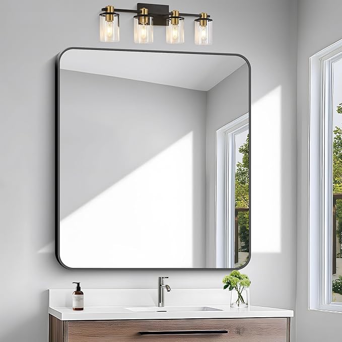 BONEWEI 36x40 inch Bathroom Mirror,Black Rectangle Mirror,Wall Mounted Bathroom Frame Vanity Mirror with Round Corner for Bedroom Living Room,Entryway Hangs Horizontal or Vertical