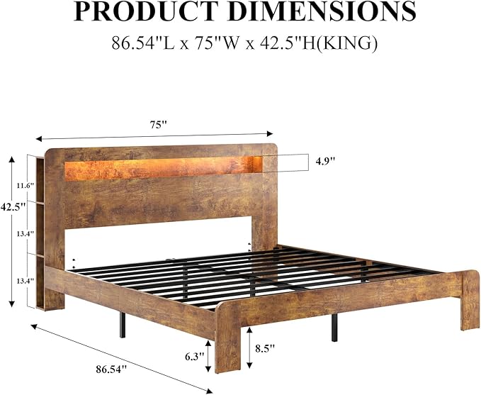 Wooden Bed Frame King Size with Storage Headboard - Farmhouse Platform Bed Frame with Bookcase Shelf & Led Lights, Sturdy Wood Slat Framework Bed Frame (Rustic Brown LED)