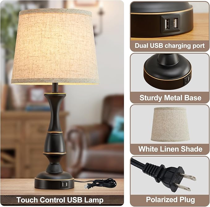 Luvkczc Touch Table Lamps Set of 2, 22" Tall Bedside Lamps with Dual USB A Ports, Dimmable Nightstand Lamps for Bedroom, Living Room, Office, Black Lamps with Beige Lampshade, Bulb Included