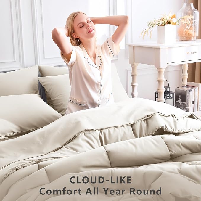 CozyLux Oversized King Comforter Sets Beige, 7 Pieces Bed in a Bag, Ultra-Soft All Season Bedding Sets with Stitch Quilted Comforter, Flat Sheet, Fitted Sheet, Pillowcases, Beige