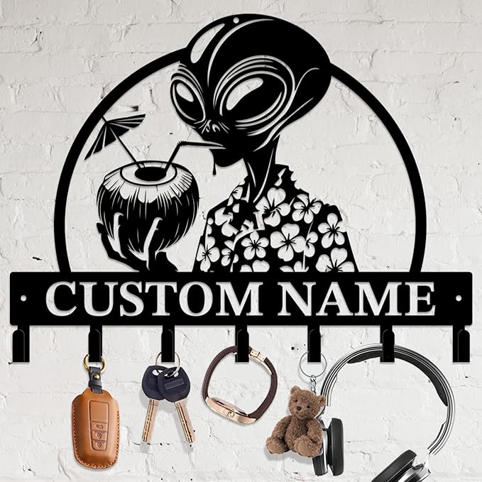 Personalized Custom Alien ET Metal Wall Keys Hooks,Clothes Hooks Alien ET Art Coat Racks,Door Holder,Black Alien ET Decorations for Home,Entrance Doors,Hallway, Bedroom,Keys,Hats (Style P)