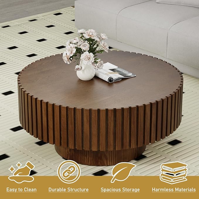 Round Drum Coffee Table 31.5" Wooden Coffee Tables Handcrafted Fluted Drum Coffee Table Modern Luxury Circle Center Table Vintage Farmhouse Center Table for Living Room (Round Dark Brown)