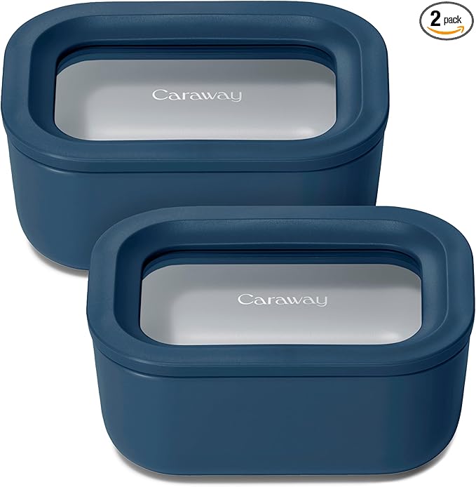 Caraway 2pc Glass Food Storage Set - 2.6 Cup Food Containers (2) - Non-Toxic Ceramic-Coated Glass - Air Release Technology - Compact & Stackable Design - Navy