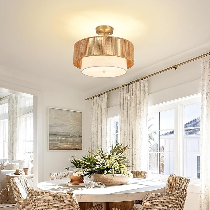 16" Drum Flush Mount Ceiling Light Hallway Light Fixtures with Rattan Shade,3-Light Semi Flush Light Fixture Ceiling Mount for Kitchen, Bedroom, Bathroom, Living Room