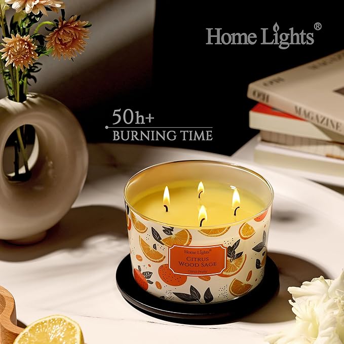 HomeLights Citrus Wood Sage Scented Candles | 18oz Soy Candles Eclectic Mixed Styles 4-Wick Large Candle Jars | Ideal Candle Gifts for Events, Home Decor Stress, Relief & Relaxation