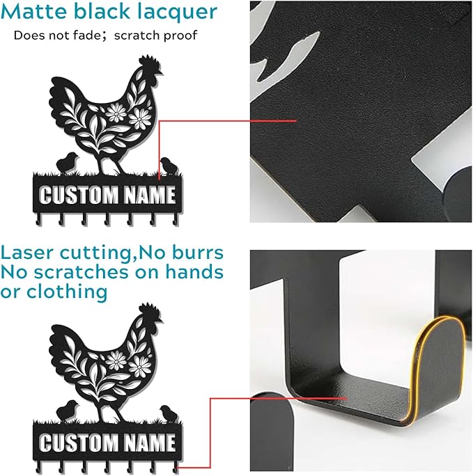 Personalized Key Holder for Wall, Custom Metal Chicken Key Hooks with Name, Meta Jacket Holder Hooks Organizer Rack, Jacket Hanger Decor for Kitchen, Entryway, Hallway, Office, Doorway