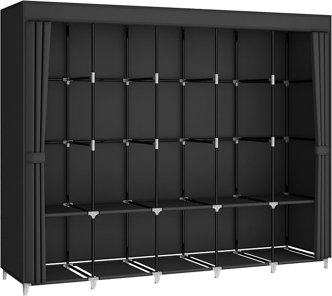 83 Inch Wide Portable Closet Wardrobe, Clothes Storage Rack Organizer with Cover, 5 Clothes Hanging Rods and 10 Storage Shelves, Black