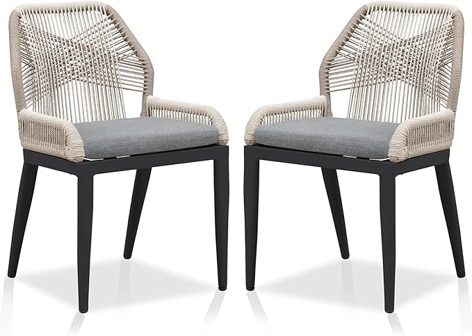 PURPLE LEAF Patio Dining Chair Set 2 Pieces Aluminum Modern Furniture Seating for Garden Kitchen Porch Outdoor Wicker Dining Chairs with Cushions, Dark Grey