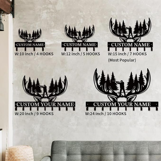 Personalized Custom Name Hunting Deer Wall Key Hooks,Metal Hunting Art Clothes Hooks,Metal Hunting Wall Home Storage Decorative,Hunter For Front Door, Hallway, Kitchen, Bedroom,Keys,Hats (Style L)