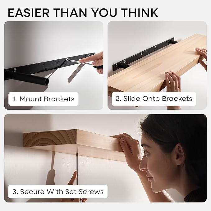 Homeforia 42 inch Natural Floating Shelf, High End Solid Real Wood 42inch Small Floating Shelves for Wall Mounted, Natural Wooden Floating Shelves, Heavy Duty Bracket, 42 X 6.5 X 1.75 in, Set of 3