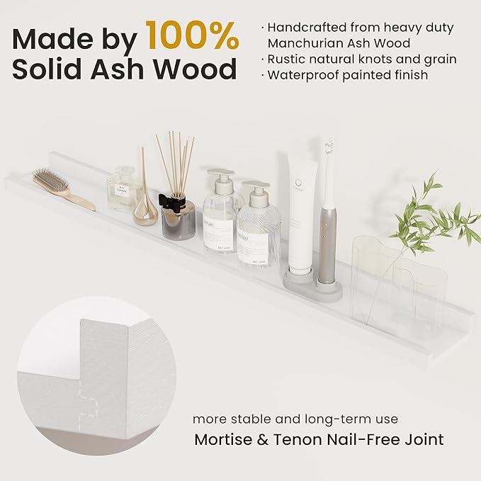 Solid Ash Wood Picture Ledge Shelf, Wood Floating Shelves Set of 2, 48 Inch Long Large Photo Ledge Shelves, Nursery Book Shelves Wall Mounted for Living Room Kids' Bedroom Decor, White