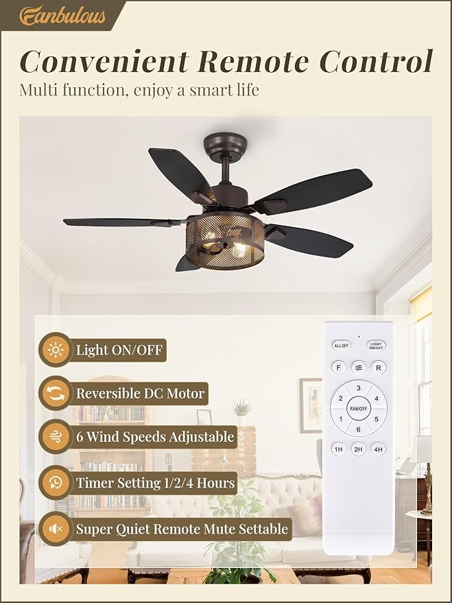 Farmhouse Oil Bronze Ceiling Fans with Lights and Remote, 42 Inch Bedroom Caged Ceiling Fans for Living Room Kitchen，6 Speed Reversible Quiet DC Motor, Dual Finish 5 Blades