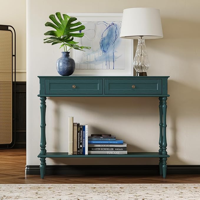 ARTPOWER Console Table for Entryway with 2 Drawers-Minimal Assembly,Retro Entryway Tables with Storage Cabinets and Open Shelf,Narrow Long Couch Table Behind Sofa for Living Room,Foyer,Hallway,Green
