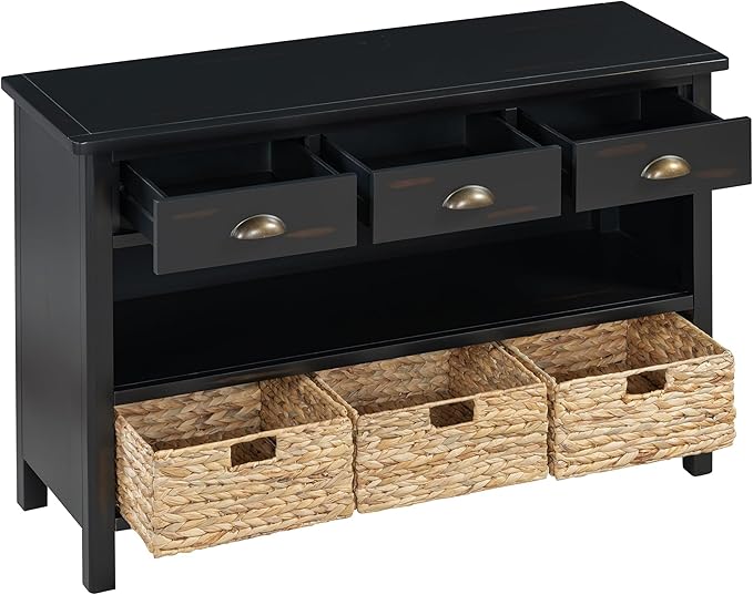 GDFStudio 47" Retro Console Table with 3 Drawers & 3 Water Hyacinth Baskets, Wooden Entryway Buffet Table with Lower Shelf, Vintage Side Board Storage Cabinet for Entryway Hallway Living Room, Black