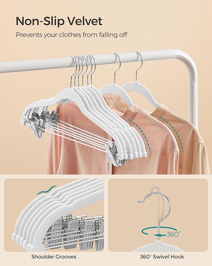 SONGMICS 50-Pack Pants Hangers, 16.7-Inch Long Velvet Hangers with Adjustable Clips, Heavy-Duty, Non-Slip Skirt Hangers, Space-Saving for Pants, Skirts, Coats, Dresses, White UCRF012W50