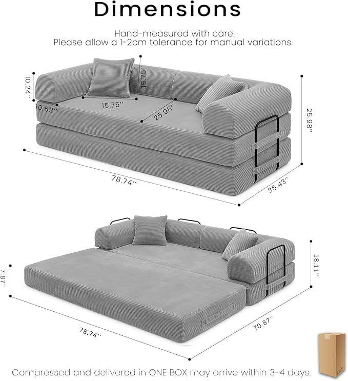 Compression Sofa - 79'' Convertible Sofa Bed, Boneless Couch in a Box, Modular Corduroy Foldable Sleeper Sofa with 2 Pillows, Loveseat Couches for Living Room (Corduroy Fabric, Light Grey)