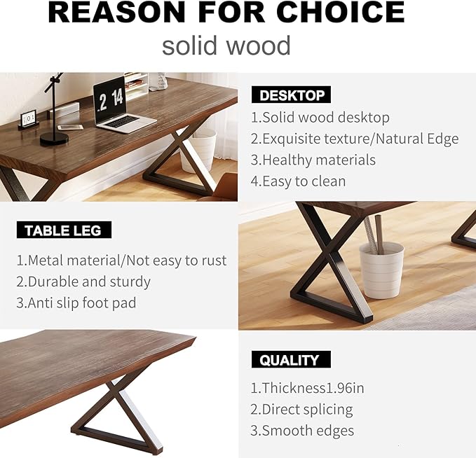 Solid Wood Rustic Style 47-inch Computer Desk - Large Office Desk for Home Office, Modern and Simple Design, Ideal for Dining,Study, Writing