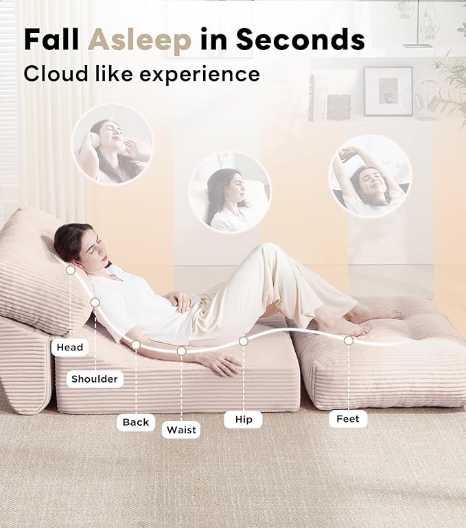 Tbfit Folding Sofa Bed, Convertible Sleeper Chair with Large Pillow, Corduroy Folding Couch Bed, Portable & Foldable Mattress Boneless Floor Sofa for Living Room, Bedroom, Office, Khaki, Single