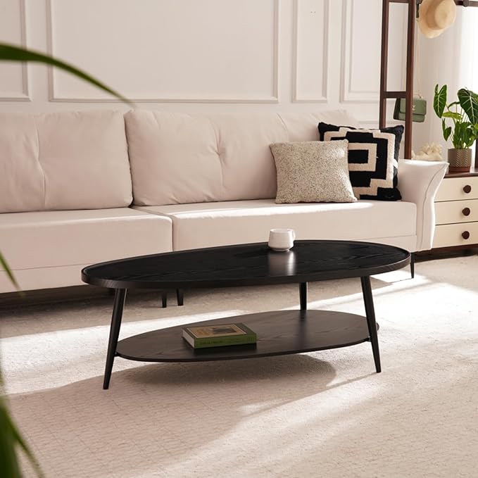 Shrine Black Oval Coffee Table, Mid-Century Modern Coffee Table, Black Walnut Wood Table for Living Room, D47''x W23.6''x H15'', Sleek Conical Metal Legs with Black Finish