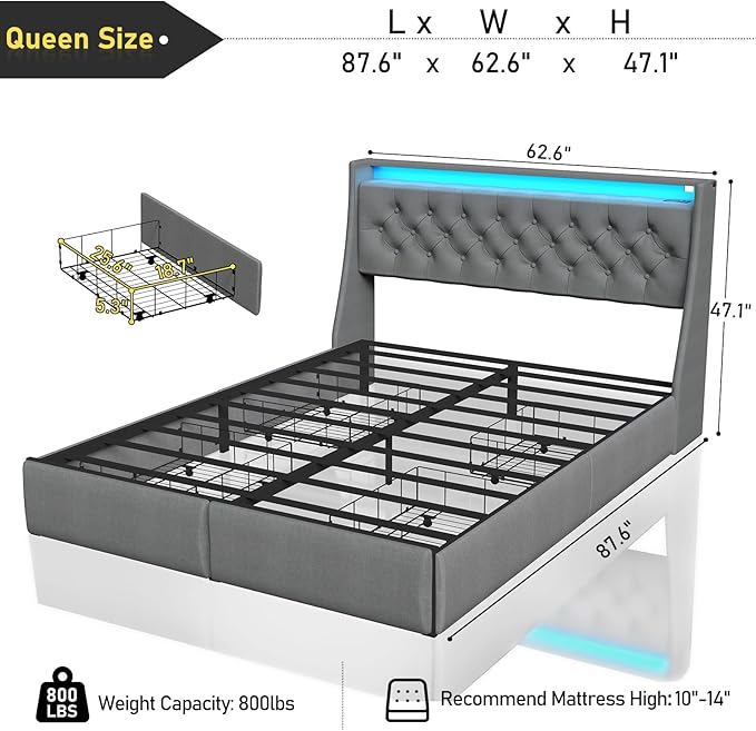 SADENICEL Queen Bed Frame with Storage Headboard and 4 Drawer, Metal Platform Bed Frame Queen Size with LED Light, Charging Station, No Box Spring Needed, Noise Free, Easy Assembly, Grey