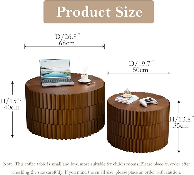 Round Nesting Tables - Handcraft Relief Veneered Walnut Fluted Circular Coffee Table Set of 2 with Non-Slip Bottom Pads for Living Room Balcony Bedroom Study (B 26.8+19.7in)