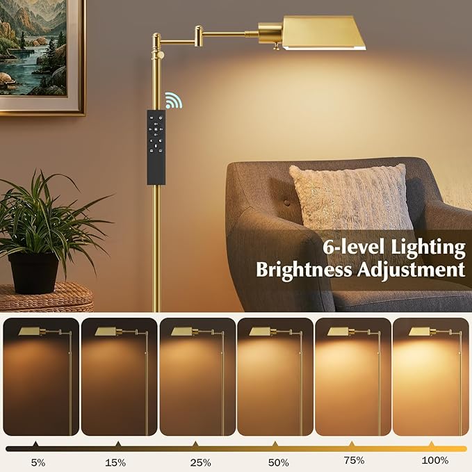 GyroVu Traditional Height Adjustable Pharmacy Floor Lamp with 350° Swing Arm, Color Temperature Adjustable Standing Lamp Metal Shade for Living Room Reading House Bedroom Home Office(Gold)