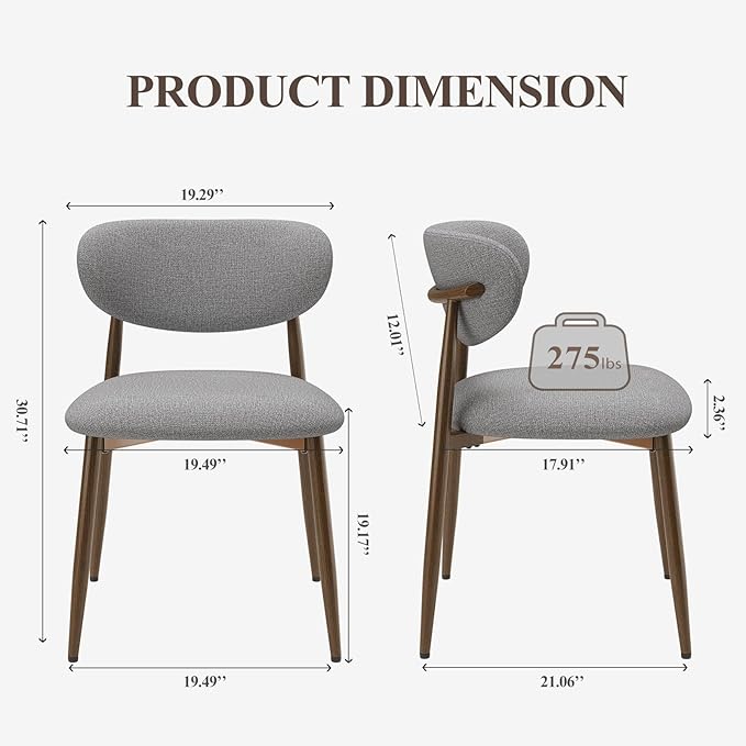 Dining Chairs Set of 2, Upholstered Dining Room Chairs with Metal Legs and Anti Slip Pads, Curved Back Kitchen Chair for Home and Restaurant Use, Light Grey