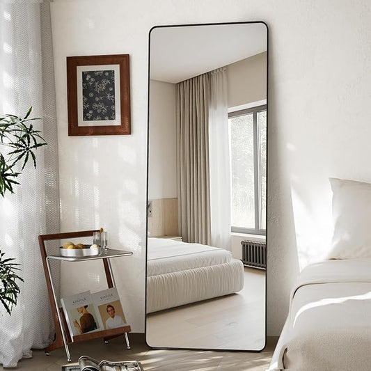 VooBang Round Corner Mirror Full Length, 21" x 56" Floor Mirror with Stand, Matte Aluminum Alloy Frame Full Body Mirror, Standing Hanging or Leaning for Bedroom and Living Room, Black