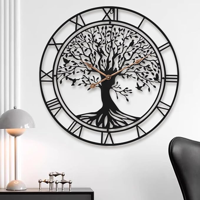 Tree of Life Wall Clock, 24Inch Metal Black Family Tree Oversized Wall Clocks for Living Room Bedroom Home Decor, Modern Silent Mid-Century Battery Operated