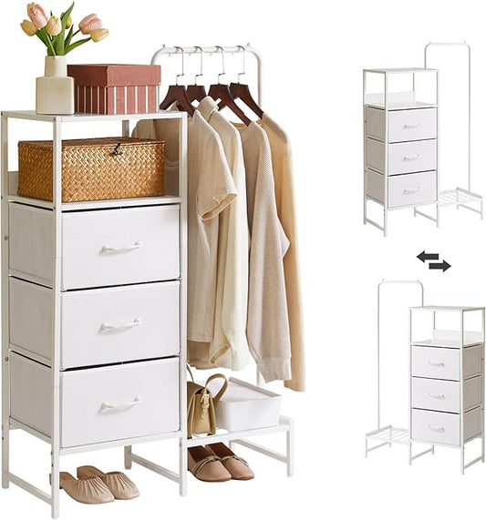 Clothes Rack, Garment Rack with Shelves and Hanging Rod, 3 Drawers, Reversible Coat Hanger, White YD-TM081W1
